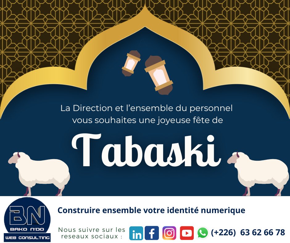 BNWebConsulting's tweet photo. 🕌✨ Joyeuse fête de l’Aïd El-Kébir! ✨🕌
Nous  vous souhaitons à tous une fête de la Tabaski remplie de bonheur, de paix et de prospérité. 🌙🙏
Que cette fête soit un moment de partage, de générosité et de solidarité. 🌟👨‍👩‍👧‍👦
Que vos prières soient exaucées ! 🐑🎉 https://t.co/20xeAXvHmu