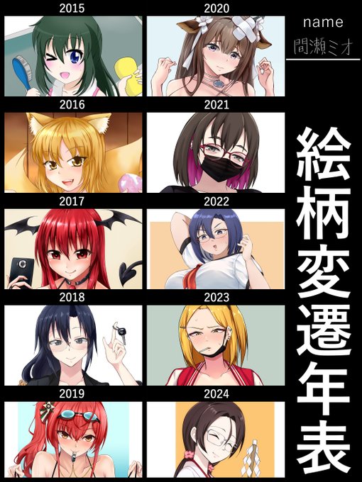 私も絵柄変遷年表やってみました
こうして見ると塗りがどんどんシンプルになってますね 