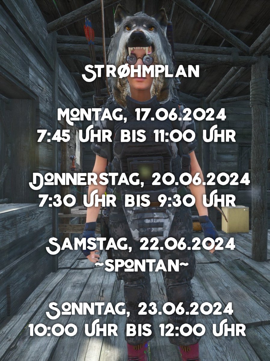 Neue Woche, neuer Strøhmplan. Wünsche euch noch einen schönen Sonntag und erholt euch fein 🤗

#twitch #scum #enshrouded #nightingale