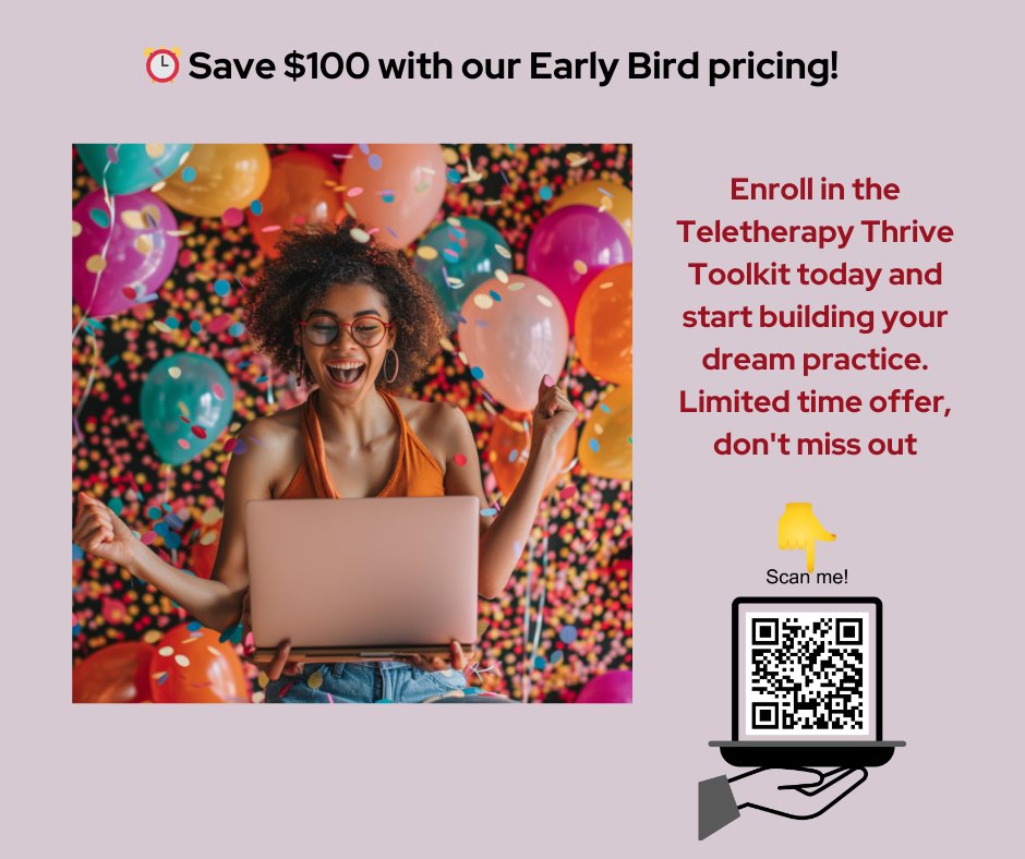 bevjessup's tweet photo. ⏰ Save $100 with our Early Bird pricing! Enroll in the Teletherapy Thrive Toolkit today and start building your dream practice. Limited time offer, don't miss out: https://t.co/MVhmIhuhIG https://t.co/YqUBk2OjvV