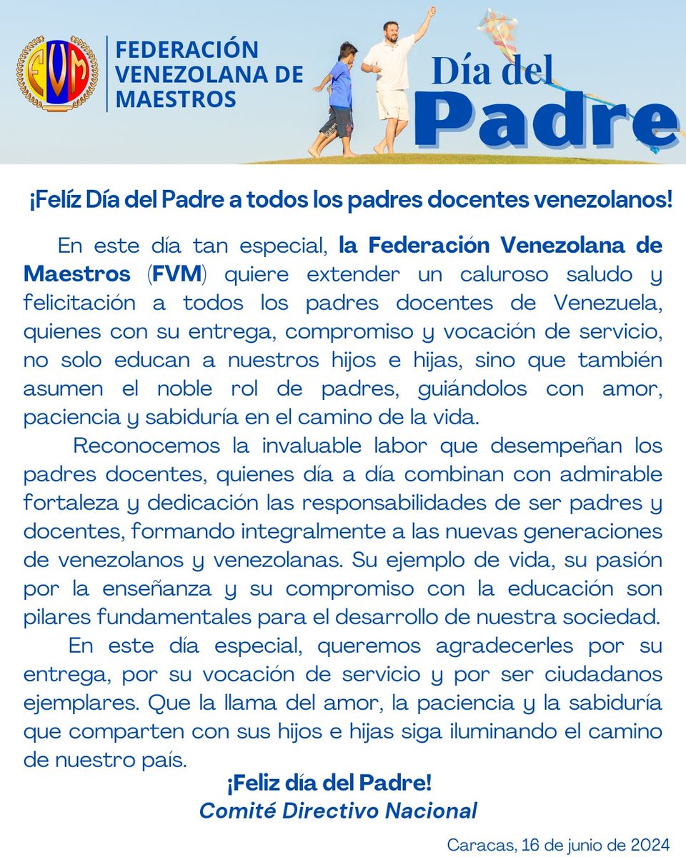 fevemaestros's tweet photo. ¡Felíz #DíadelPadre a todos los padres docentes venezolanos!

En este día tan especial, la Federación Venezolana de Maestros  saluda  y felicita a todos los padres docentes de Venezuela por su entrega, por su vocación de servicio y por ser ciudadanos ejemplares. 
#16deJunio https://t.co/8R12ls4WaS