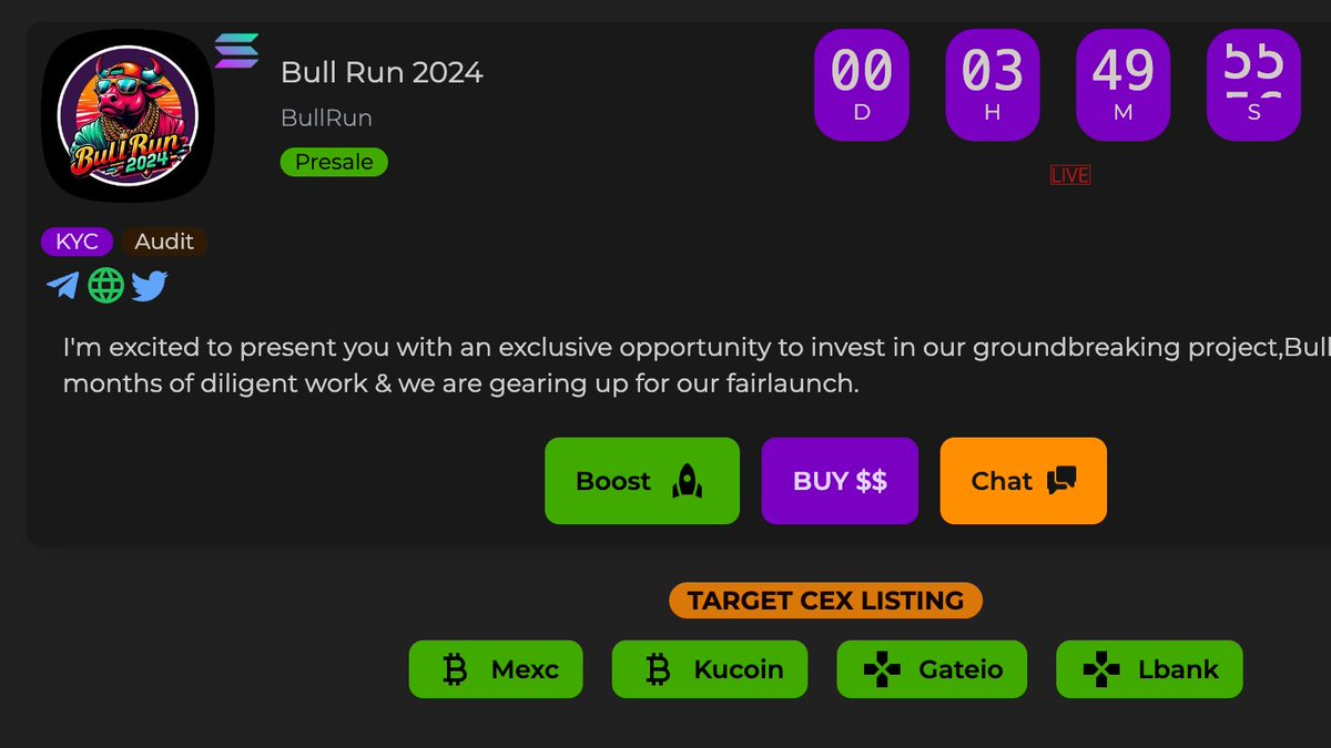 BullishMarktCap's tweet photo. 🐬💥🐬 #BullRun2024(@BullRun2024MEME)
listed on @BullishMarktCap
🔥Target Exchanges: Mexc, Gateio, Kucoin ,Lbank
💥Launchpad: #pinkecosystem
👉Boost up: https://t.co/zCYIEjjrSI
#mexc #kucoin #bitmart #Gateio #mexc https://t.co/TApxs2aCZs