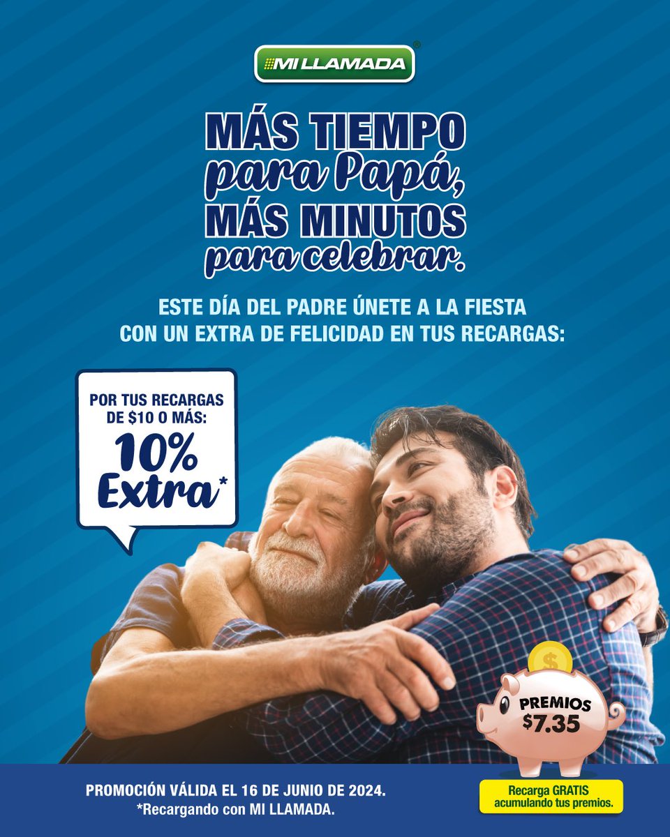MiLlamada's tweet photo. 🎁 Solo por hoy, recarga $10 o más con #MiLlamada y recibe un 10% extra para celebrar a #papá. 👔💙 ¡Haz de este Día del Padre un momento especial! #Recarga ya desde tu tienda o portal. 📲✨ #DíaDelPadre #RecargaExtra https://t.co/0n0c7aBS4q