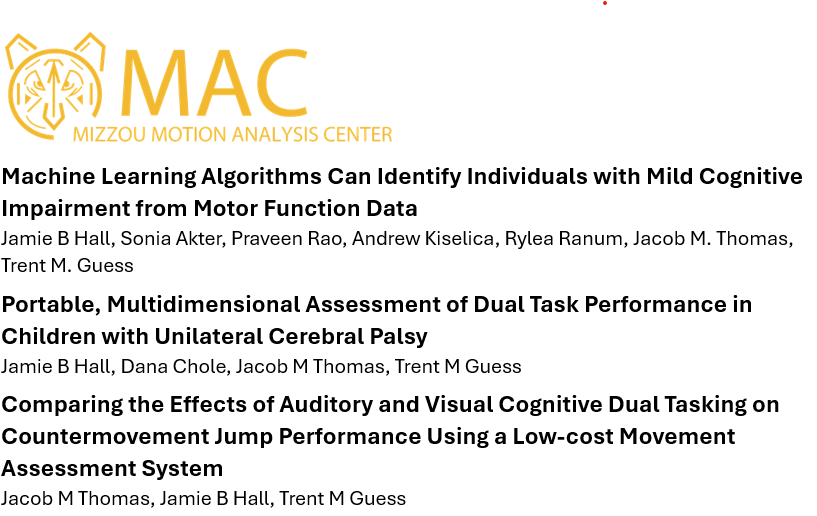 The MAC will be sharing research in low-cost portable motor function assessment for detecting mild cognitive impairment, cerebral palsy, and dual task differences in jump mechanics at #GCMAS2024.