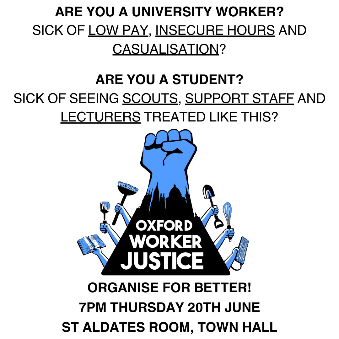 Oxford Worker Justice is BACK.

We are a network of workers and students at the University of Oxford, organising in our workplace and building solidarity between staff at the university’s many colleges, departments and unions.