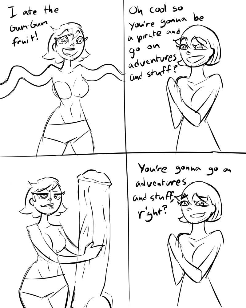 been stuffing a lot of large objects in disproportionately sized holes lately so this randomly germinated

lil test for future engagement farming, 100 likes and I'll refine it into a finished comic