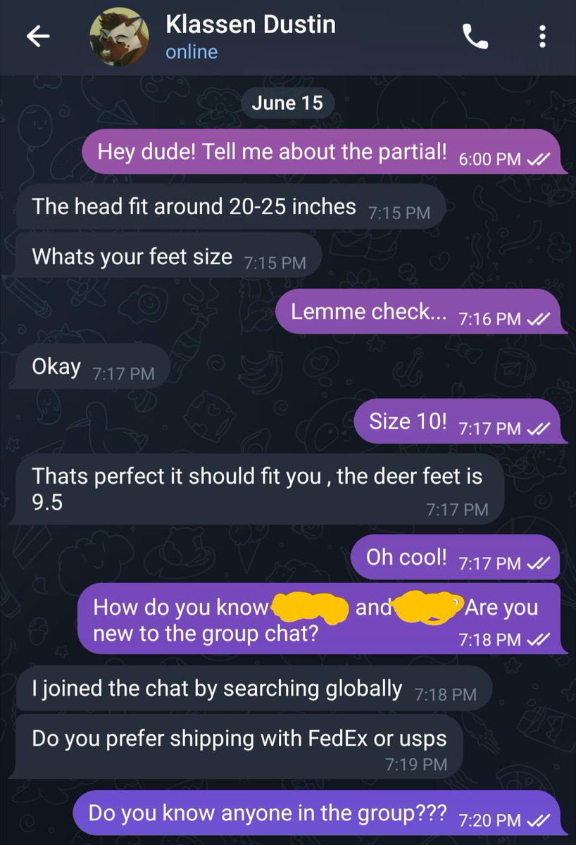 CoffeeToddy's tweet photo. SCAM AWARENESS: PLEASE SHARE 

The telegram user Laslkk "Klassen Dustin" is running a fursuit partial scam which appears to be Wisconsin based, but may be larger in scale.

#furry #furrycommision #fursuit https://t.co/WKxn9ALVvm