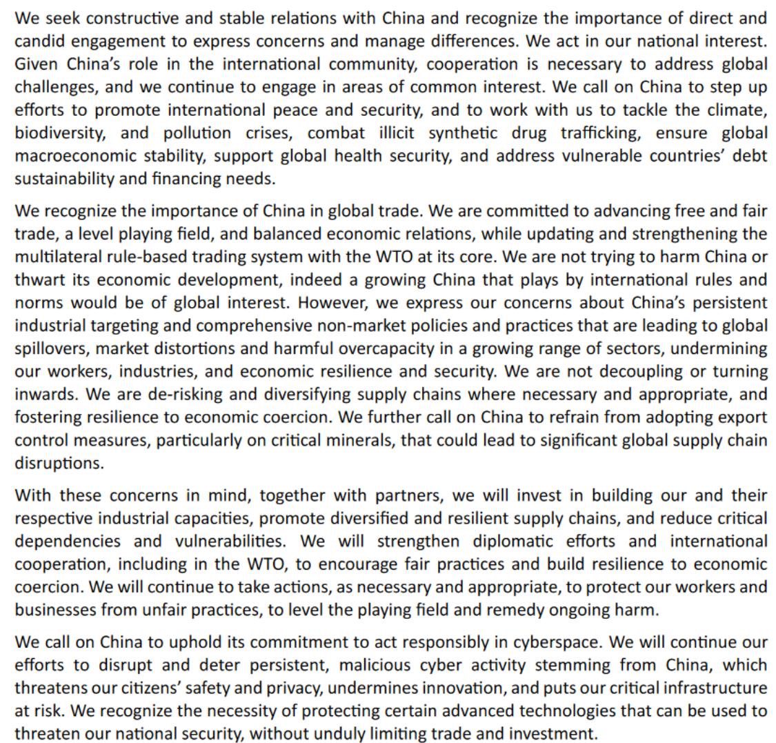 RMelendezOrtiz's tweet photo. Selected text on relations with China in #G7Italy’s communiqué
#climateaction #trade #resiliantsupplychains #derisking #excesscapacity #energytransition #WTO #biodiversity #investment #developmentfinance #health #criticalminerals #cyberspace #security https://t.co/MPGPXcjng8