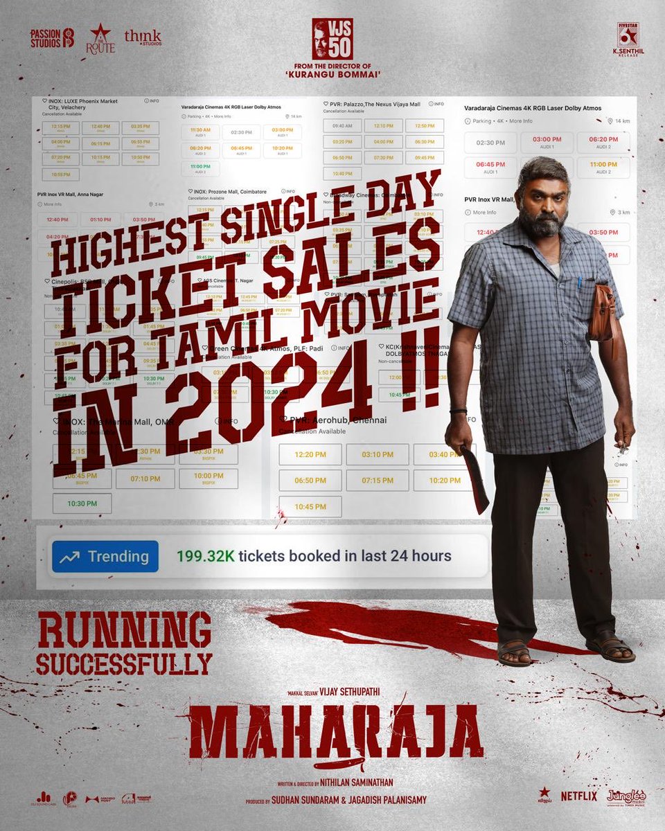 #Maharaja sets new benchmark with Highest single day ticket sales for Tamil Cinema in 2024 💥
 
#MaharajaBlockbuster #VJS50 🔥

#MakkalSelvan <a href="/VijaySethuOffl/">VijaySethupathi</a> ❤️

Written and Directed by <a href="/Dir_Nithilan/">Nithilan Saminathan</a>