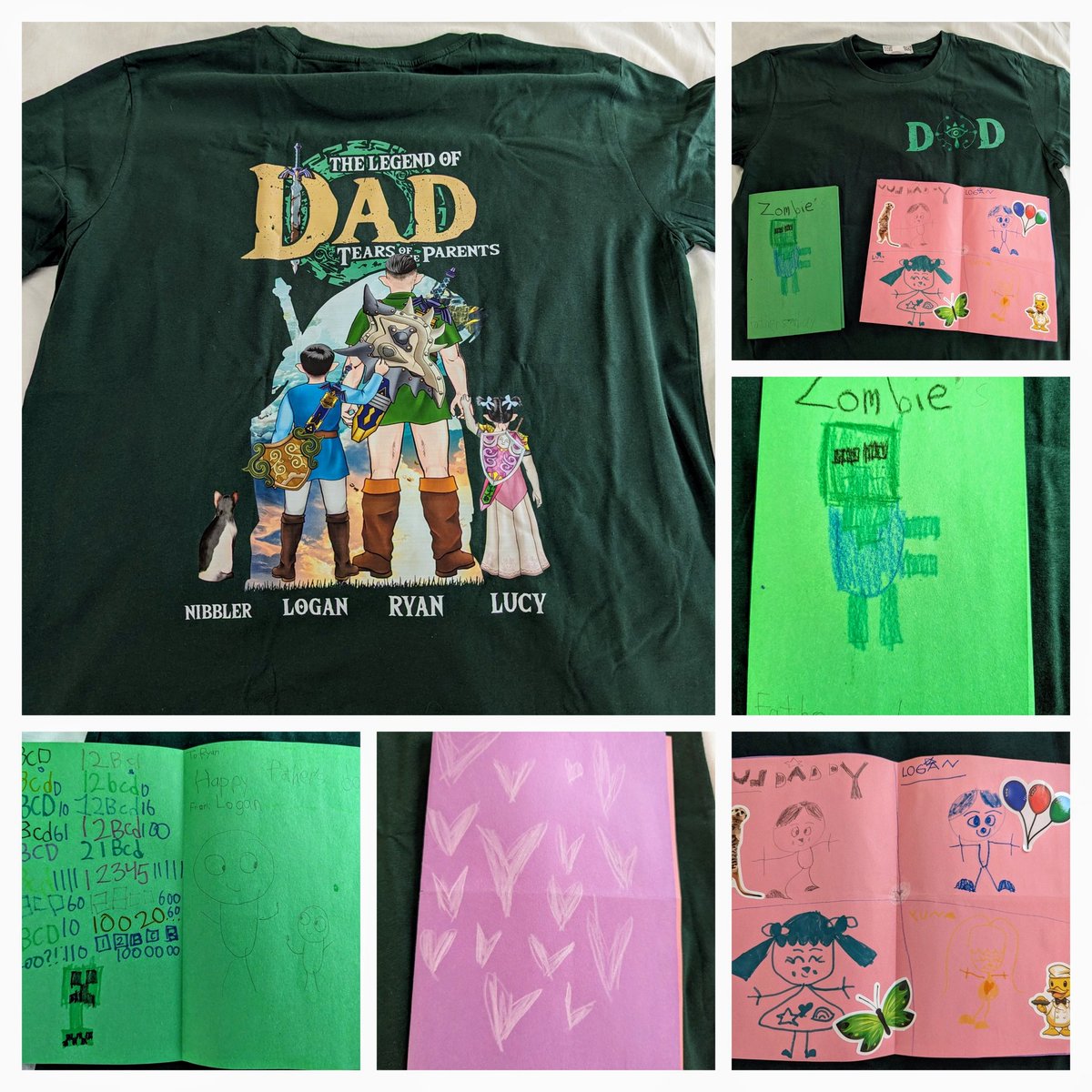 evenkolder's tweet photo. My family is awesome. Yuna ordered me a custom shirt (including the back of my head, Logan's head, Lucy's head, and Nibbler's head) based on the game I've been playing lately: Zelda Tears of the Kingdom.

Logan and Lucy made me awesome cards. 

Happy Father's Day indeed! https://t.co/X4fODG9b0z