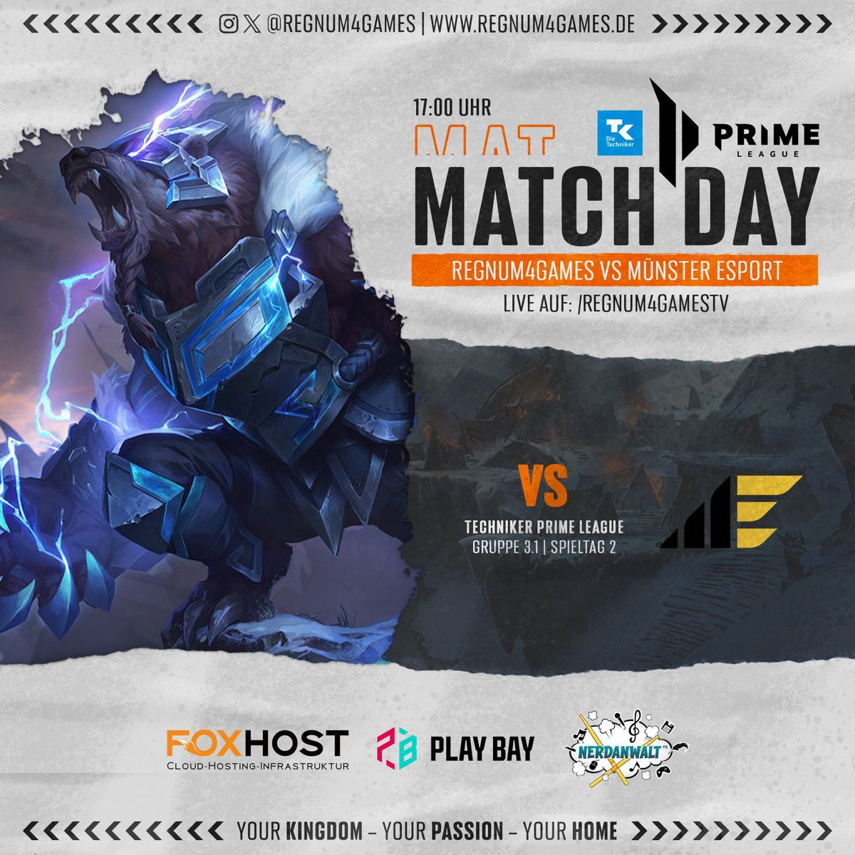 regnum4games (@regnum4games) on Twitter photo Heute geht es für uns in der 3. Liga der <a href="/PrimeLeague/">Die Techniker Prime League</a> weiter! Gegen <a href="/muensteresports/">Münster Esports e.V.</a> sollen die ersten Punkte gesammelt werden - packende Matches sind garantiert!
📺 | twitch.tv/regnum4gamestv
🎙️ | <a href="/Frixxum/">Frixxum</a>
Um 17:00 Uhr einschalten & anfeuern!
#getcrowned | #r4g | #TKPRM Heute geht es für uns in der 3. Liga der <a href="/PrimeLeague/">Die Techniker Prime League</a> weiter! Gegen <a href="/muensteresports/">Münster Esports e.V.</a> sollen die ersten Punkte gesammelt werden - packende Matches sind garantiert!
📺 | twitch.tv/regnum4gamestv
🎙️ | <a href="/Frixxum/">Frixxum</a>
Um 17:00 Uhr einschalten & anfeuern!
#getcrowned | #r4g | #TKPRM