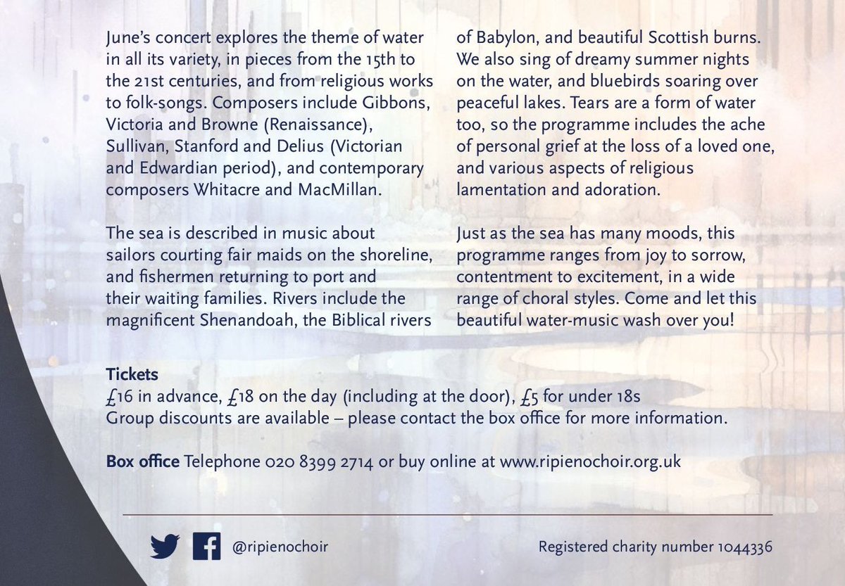 Water Night is one of the most varied programmes we've ever presented: Sullivan and Stanford part songs are favourites we've neglected for too long, and it's years since we featured a trio of folk songs. Plus Victoria, Delius, Philippe Rogier, Eric Whitacre and James MacMillan.