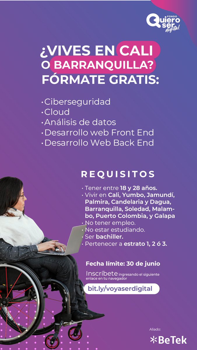 En <a href="/Makaiaorg/">MAKAIA</a> tenemos cupos sin costo para personas con #discapacidad en Cali y Barranquilla. Les entrenamos en las tecnologías que el mercado laboral necesita y les ayudamos a conseguir empleo. 
🎯Fecha límite de registro: 30 de Junio
🔗 Enlace: contenido.makaia.org/registrodigital