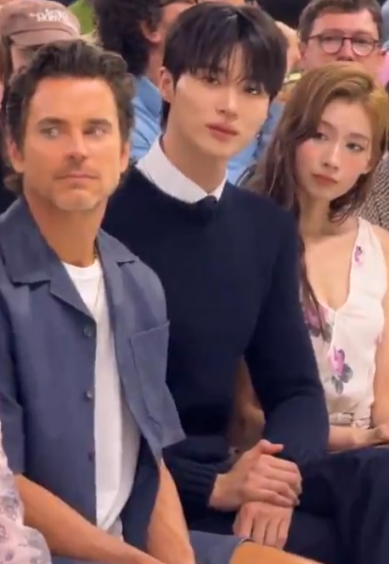 AboutMusicYT's tweet photo. TWICE's Sana, Byeon Wooseok and Matt Bomer sitting together at the Prada fashion show. https://t.co/Vt1ert1xCC