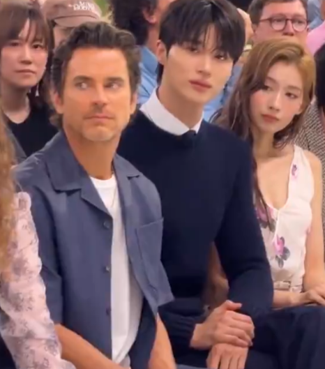 AboutMusicYT's tweet photo. TWICE's Sana, Byeon Wooseok and Matt Bomer sitting together at the Prada fashion show. https://t.co/Vt1ert1xCC