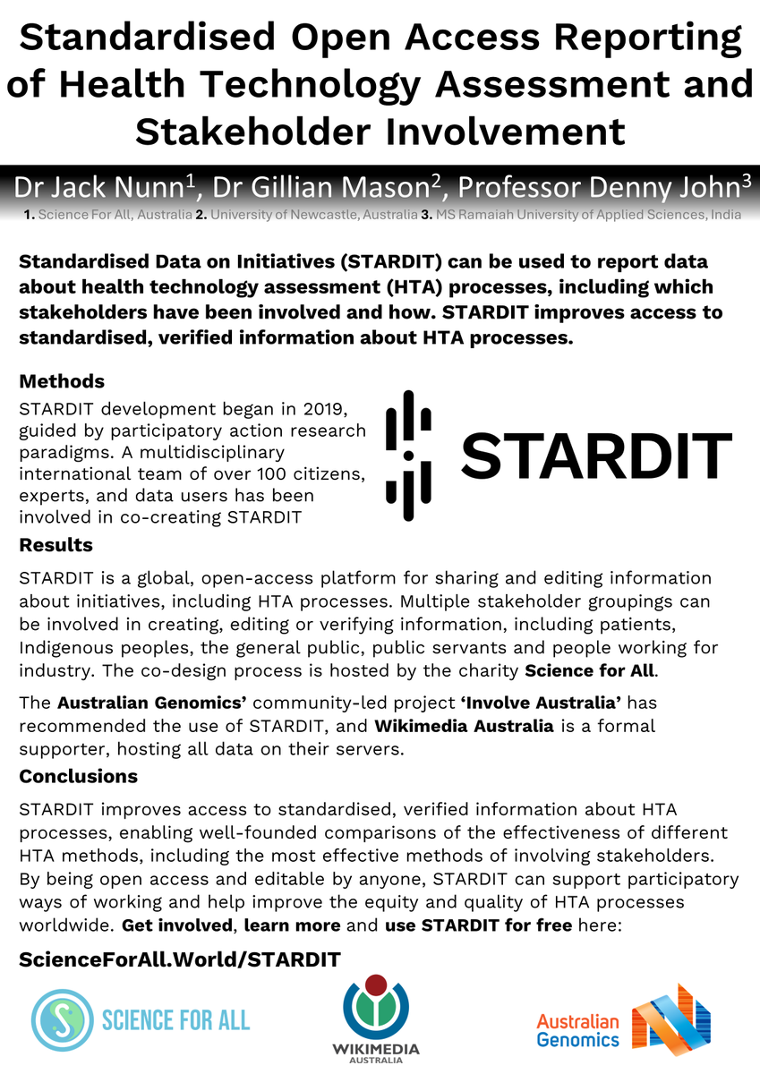 Excited to be at the HTAi conference, which is about how to assess the effectiveness and impact of health technology.

I'm presenting about how STARDIT can be used to report health technology assessment processes.

Learn more here: 

wikimedia.org.au/wiki/STARDIT_a…

#HTAi2024Seville