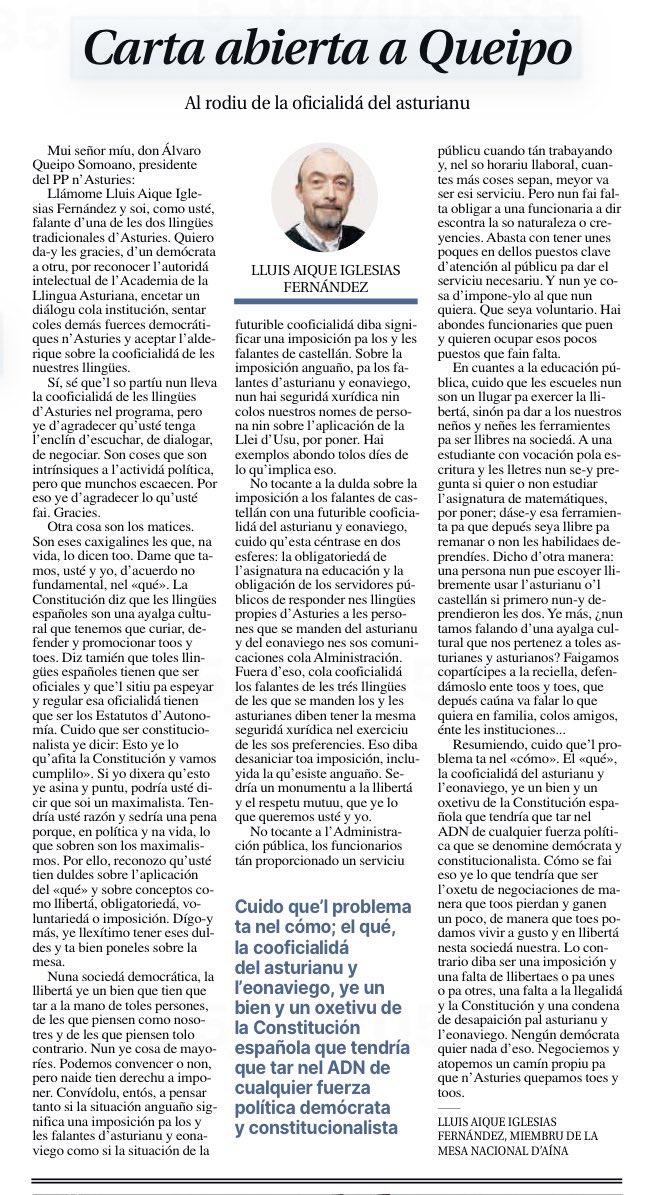 Sal en <a href="/lanuevaespana/">La Nueva España</a> esta carta de <a href="/LluisAique/">Lluis Aique Iglesias</a> al presidente popular asturianu <a href="/AlvaroQueipo/">Álvaro Queipo</a> sobre la #oficialidá. Pídenmos que busquemos una solución pa da-y futuru al #asturianu y l’#eonaviego, como fixo’l <a href="/ppdegalicia/">PP de Galicia</a> col gallegu.