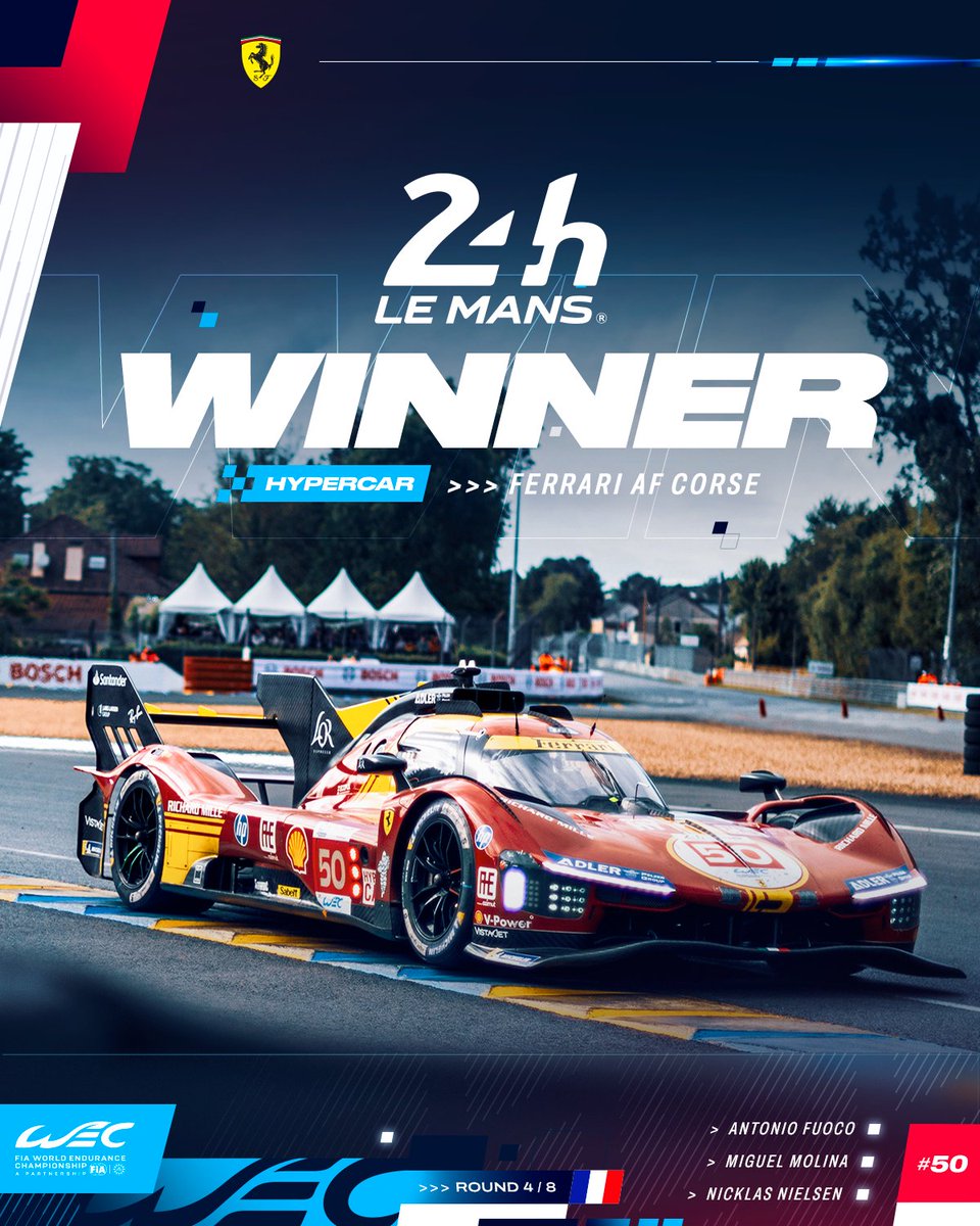 FIA World Endurance Championship (@fiawec) on Twitter photo FERRARI REPEAT HISTORY AT LE MANS!!! 🏆🇫🇷
#50 wins the most prestigious endurance race in the world for <a href="/FerrariHypercar/">Ferrari Hypercar</a>!
#WEC #LeMans24 #Ferrari #ROLEX FERRARI REPEAT HISTORY AT LE MANS!!! 🏆🇫🇷
#50 wins the most prestigious endurance race in the world for <a href="/FerrariHypercar/">Ferrari Hypercar</a>!
#WEC #LeMans24 #Ferrari #ROLEX