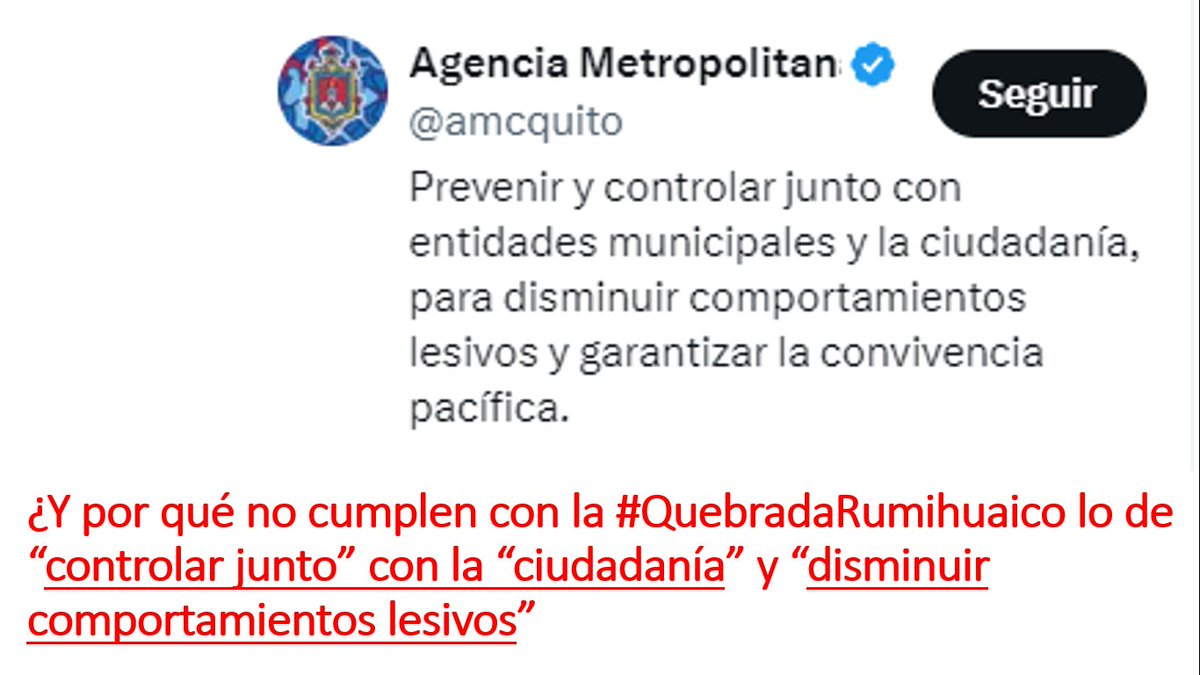 Así habla la <a href="/amcquito/">Agencia Metropolitana de Control</a> (Agencia Metropolitana de Control) sobre sí misma ¿Y por qué no cumplen con la #QuebradaRumihuaico lo de “controlar junto” con la “ciudadanía” y “disminuir comportamientos lesivos”