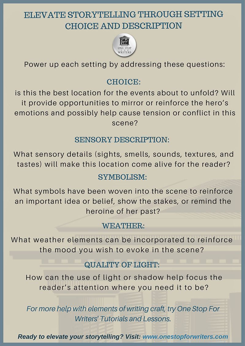 onestop4writers's tweet photo. Don't just randomly choose a setting for your scene - pick one that will influence story events, add conflict, reinforce the characters emotions &amp; more. 

This tip sheet will give you more ideas on how to find a unique location: https://t.co/Al8LpuOxG6 #wrting #amwriting * https://t.co/6b1GEnR1jd