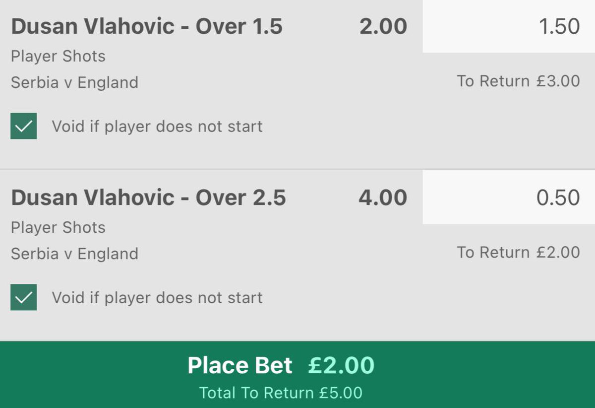 supervaluebros's tweet photo. TWO FREE BETS FOR ENGLAND v SERBIA

📊 Pavlovic Card
💰 0.5u
📈 4.50
📚 Betfair/Paddy

📊 Vlahovic 2+ &amp; 3+ Shots 
💰 1.5u &amp; 0.5u
📈 2.00 &amp; 4.00
📚 Bet365

For more bets, bet builders and reasoning join our FREE Telegram group: https://t.co/Cu53soW2QM

#ThreeLions #EURo2024 https://t.co/SGqgr1Vdi5