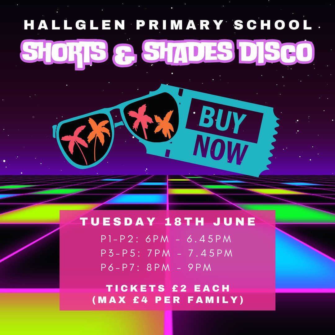 Only 2 sleeps until our Shorts and Shades Disco 🕶️🩳💃🕺We hope to see you there!!!! 
<a href="/HallglenPrimary/">Hallglen Primary School</a>