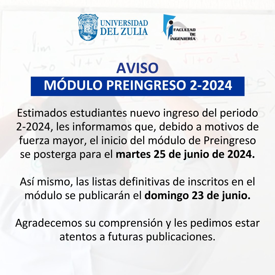 ¡Atención! Se extiende el proceso de registro al Módulo de Preingreso 2-2024. Fechas: Del 17 al 19 de junio de 2024. Más información en: instagram.com/p/C8SYtaavgTz/…