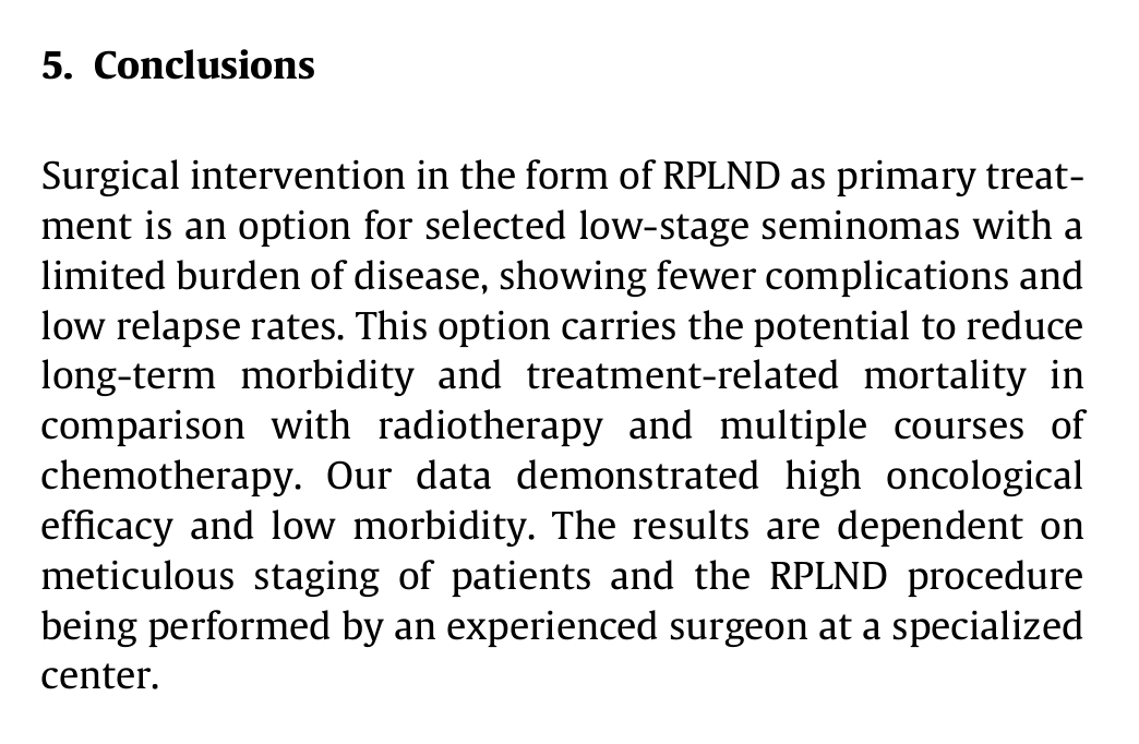 Results of primary RPLND in low-volume metastatic seminomatous testicular cancer, treated in spezialized centers as standard treatment according to #SWENOTECA X. Potential reduced long-term morbidity and mortality compared to primary radiotherapy or chemotherapy.