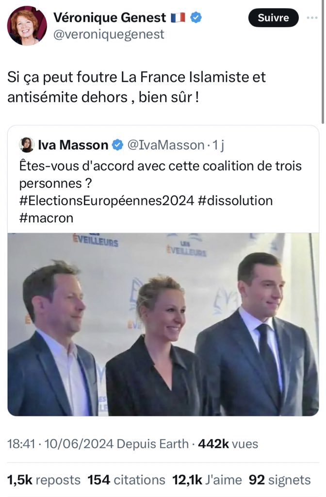OfGuedin's tweet image. On a droit à du grand #MacronardsFM qui reçoit encore une pote de Zohra: l’incomparable Véronique Genest qui se voit bien voter pour l’extrême-droite et qui nie la connivence du GUD avec le RN.
Ce mélange de connerie et d’ignorance est flippant
119 988 abonnés
Une influenceuse🤡