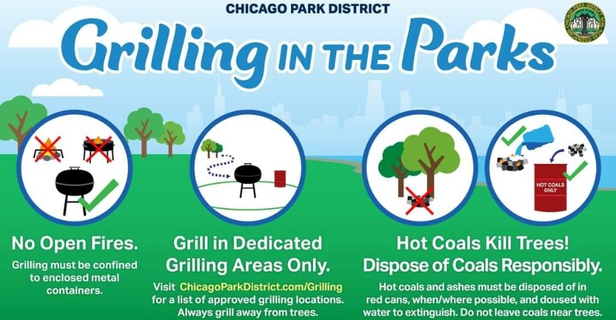 ChicagoParks's tweet photo. It's a hot 🥵 day; keep the heat away from our trees 🌳🙏 by grilling responsibly #intheparks: 
🚫No open 🔥
✅Grill only in designated grilling areas
🌳Don't dispose of coals near trees
💦 Put-out 🔥
 🟥Place in red bin
⚠️Don't drive cars on in parks
👉https://t.co/9qUiT7PteY https://t.co/FzKBBK8i2L