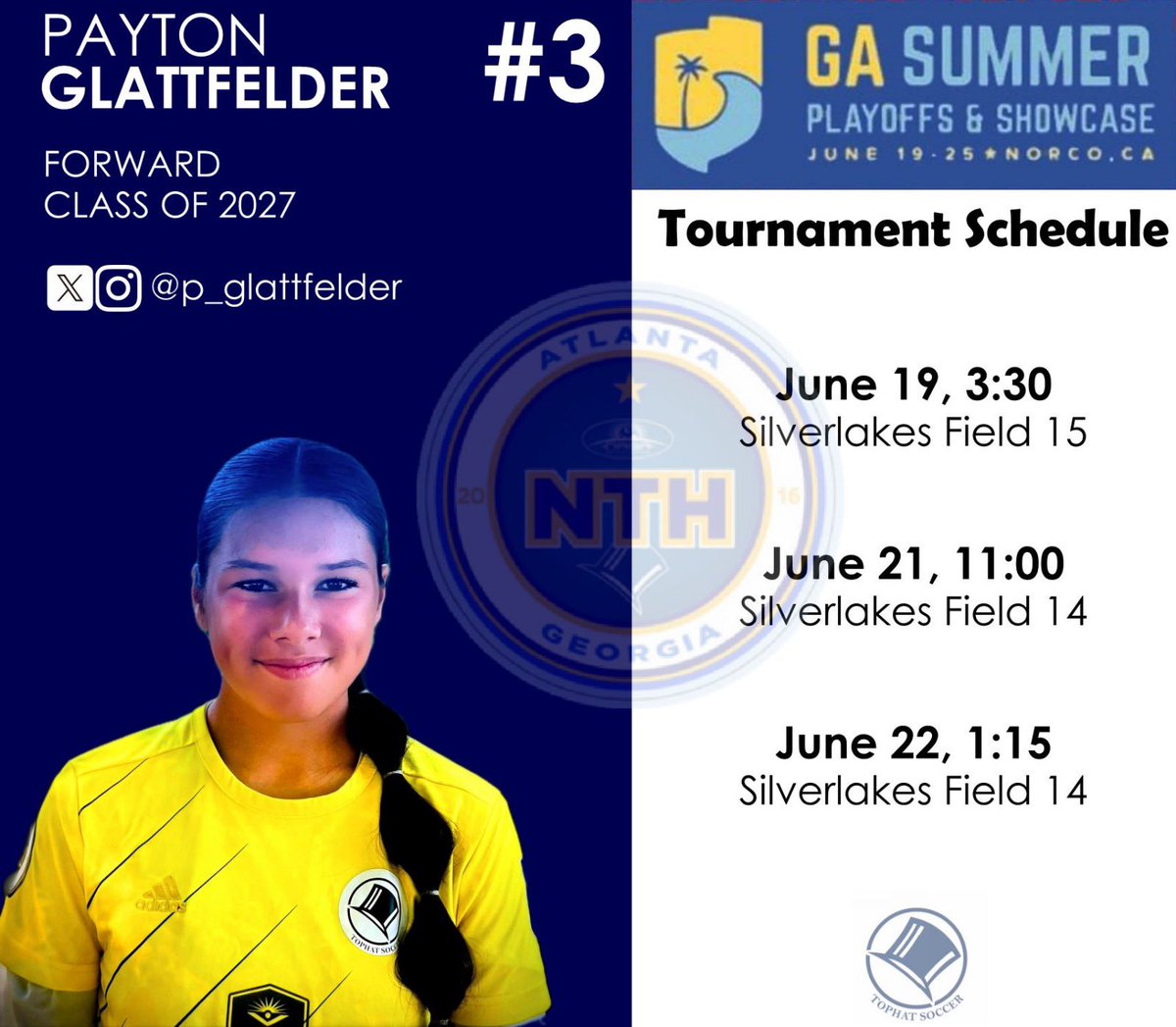 Payton Glattfelder: 🎓 2027 ⚽️ F/AM (@p_glattfelder) on Twitter photo T minus 3 days before the amazingly talented @TophatGANavy08 team hits the pitch. Please come out and watch us play if you’re in beautiful southern Cal! Please note the number change to #3! 🔥⚽️
@nth_tophat
<a href="/CoachEddieCU/">Eddie Radwanski</a>
<a href="/MilesCMaynard/">Miles Maynard</a>
<a href="/allisonw023/">Allison Wetherington</a>
<a href="/clemsonwsoccer/">Clemson Women's Soccer</a>
<a href="/sambbohon/">Samantha Bohon</a> T minus 3 days before the amazingly talented @TophatGANavy08 team hits the pitch. Please come out and watch us play if you’re in beautiful southern Cal! Please note the number change to #3! 🔥⚽️
@nth_tophat
<a href="/CoachEddieCU/">Eddie Radwanski</a>
<a href="/MilesCMaynard/">Miles Maynard</a>
<a href="/allisonw023/">Allison Wetherington</a>
<a href="/clemsonwsoccer/">Clemson Women's Soccer</a>
<a href="/sambbohon/">Samantha Bohon</a>