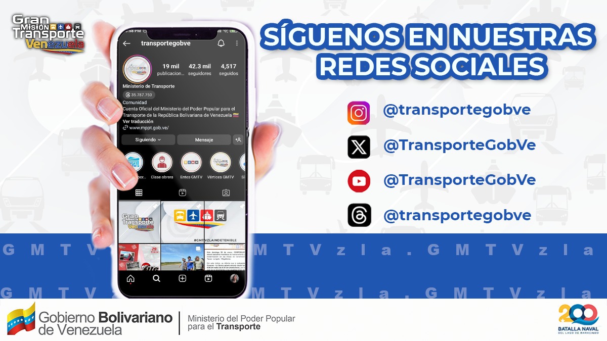 Ponte al día con las noticias de último momento en el sector transporte a través de nuestras redes sociales ¿Qué estás esperando? ¡No te lo puedes perder!
#GMTVzlaSomosTodos