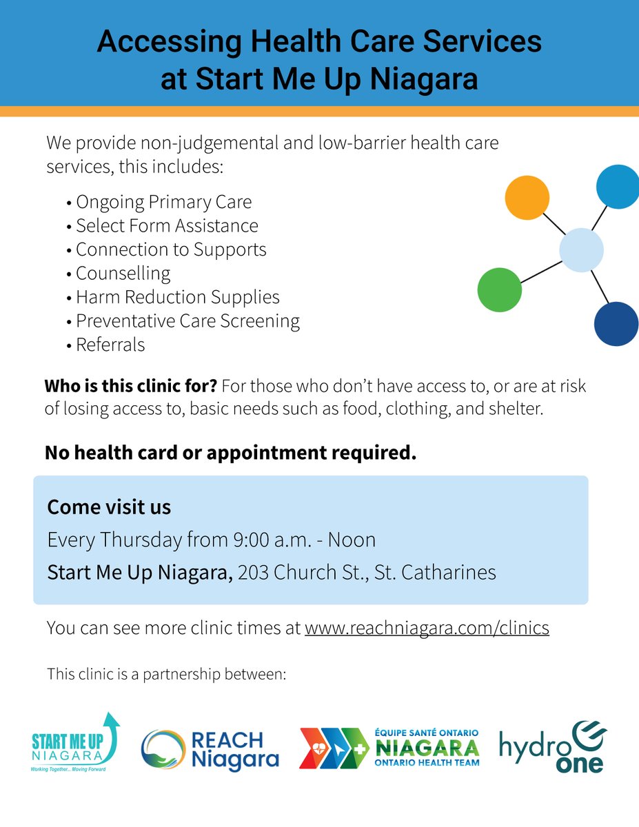 NEW CLINIC | Starting this Thursday, June 18, community members can access care at Start Me Up Niagara in St. Catharines. Services include primary care, counselling, peer health services, select form assistance, referrals, and more. See all clinics: bit.ly/3oIADpq
