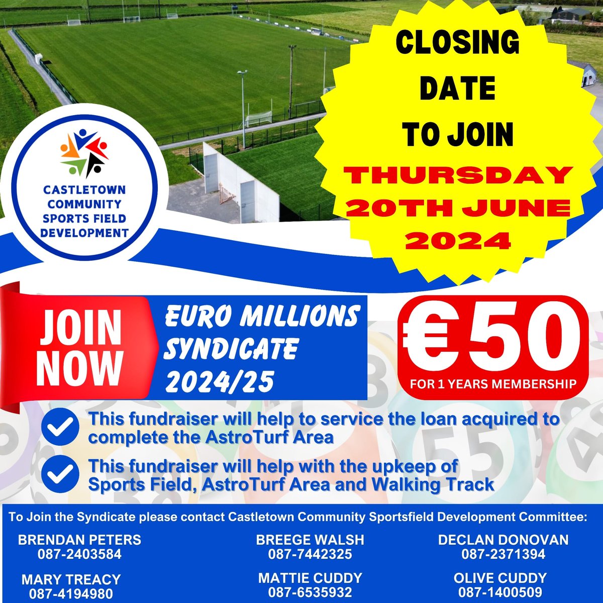 Final date to join Castletown Field Development Fundraiser is Thurs 20th June. Contact any Committee member. The development committee aim to be at  training/matches this week
(this is not a GAA/Camogie Fundraiser – It is a separate committee set up  to develop the sports field)