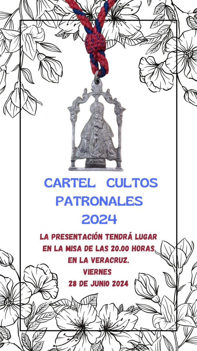 📢✨ ¡Atención devotos! El próximo viernes 28 de junio de 2024 se presentará el esperado cartel de los cultos de 2024 de la Virgen de Flores 🌹. El evento tendrá lugar en la iglesia de la Veracruz 🕊️ al final de la misa de las 20.00 horas. ¡Es una cita que no se pueden perder!