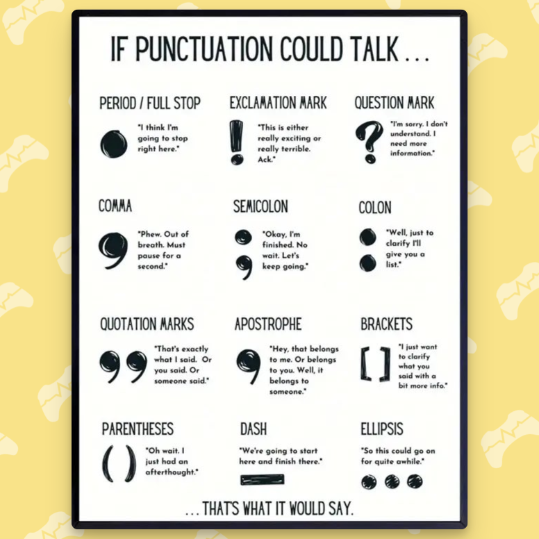 Neat poster with some phrases that punctuation marks would probably say according to their meaning.