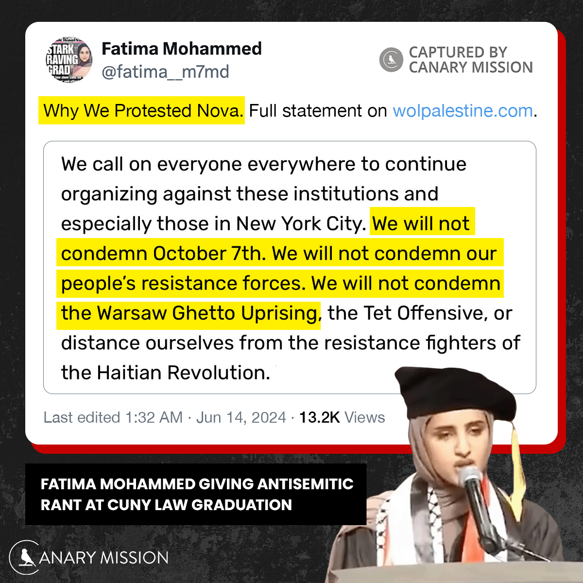 canarymission's tweet photo. It can't be clearer (or more psychotic) than @WOLPalestine activist @fatima__m7md explaining the protest ag the memorial to 364 young Israelis slain at the Nova music festival: "We will not condemn October 7th [or] our people's resistance forces [or] the Warsaw Ghetto Uprising." https://t.co/MQpY82oa75