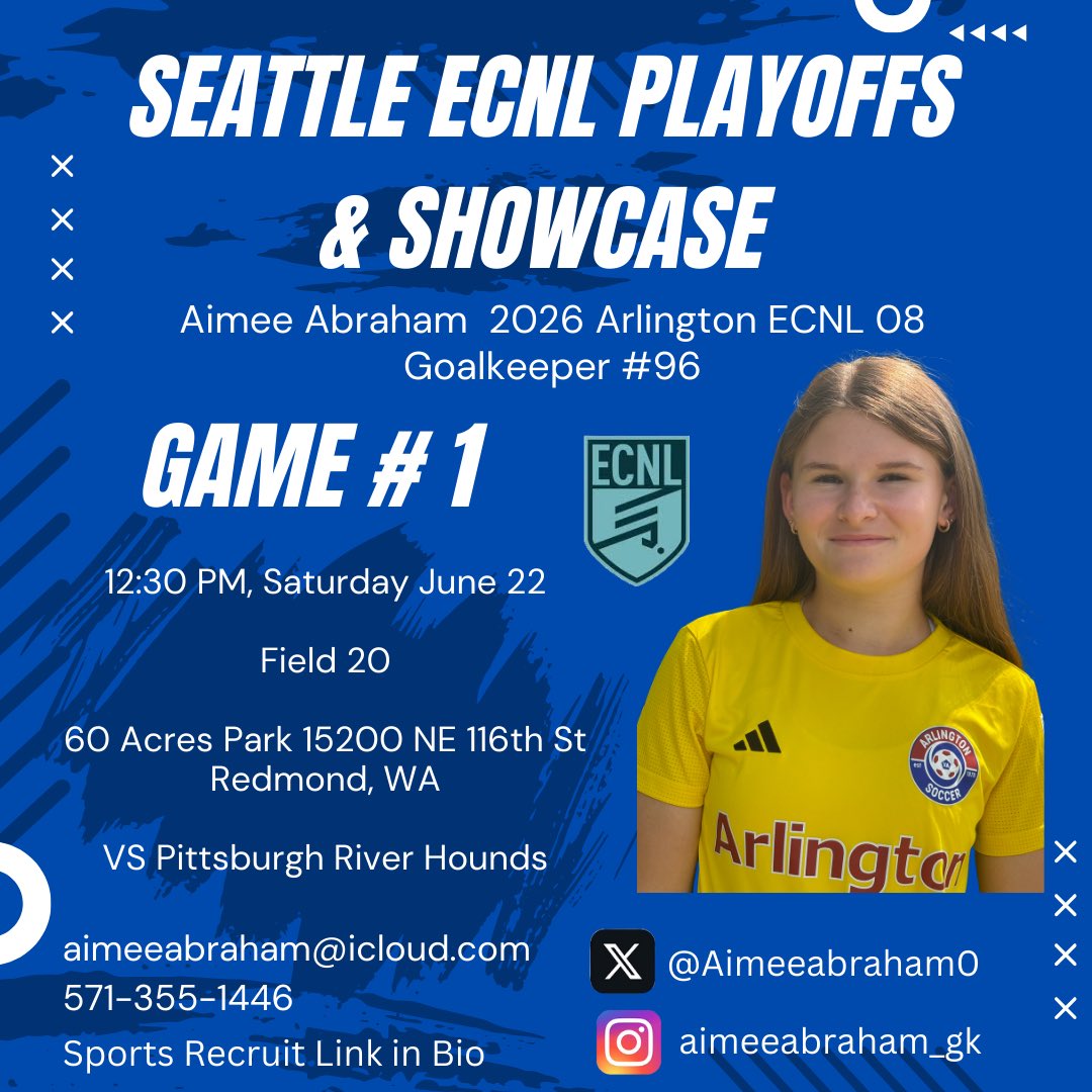 Aimeeabraham0's tweet photo. I am so excited to be playing with my new Arlington 08 ECNL team in the ECNL Seattle Showcase this upcoming week! Here is the schedule for my first game for the showcase. @arlingtonsoccer @ECNLgirls @eringrand https://t.co/RxRKYo04zF