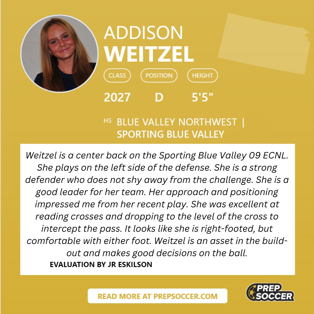 HEY, COACHES🗣️ Check out the high praise for Sporting Blue Valley ECNL 09's <a href="/Addie_Weitzel4/">Addie Weitzel 2027</a> from <a href="/PrepSoccer/">Prep Soccer ⚽️</a>'s <a href="/JREskilson/">J.R. Eskilson</a> ahead of the <a href="/ECNLGirls/">ECNL Girls</a> Champions League Playoffs.

#Sporting | #SBV | #ECNL | #PlayoffPrep
<a href="/SportingBV/">SPORTING Blue Valley</a> | <a href="/SBV_ECNL/">Sporting Blue Valley ECNL</a>