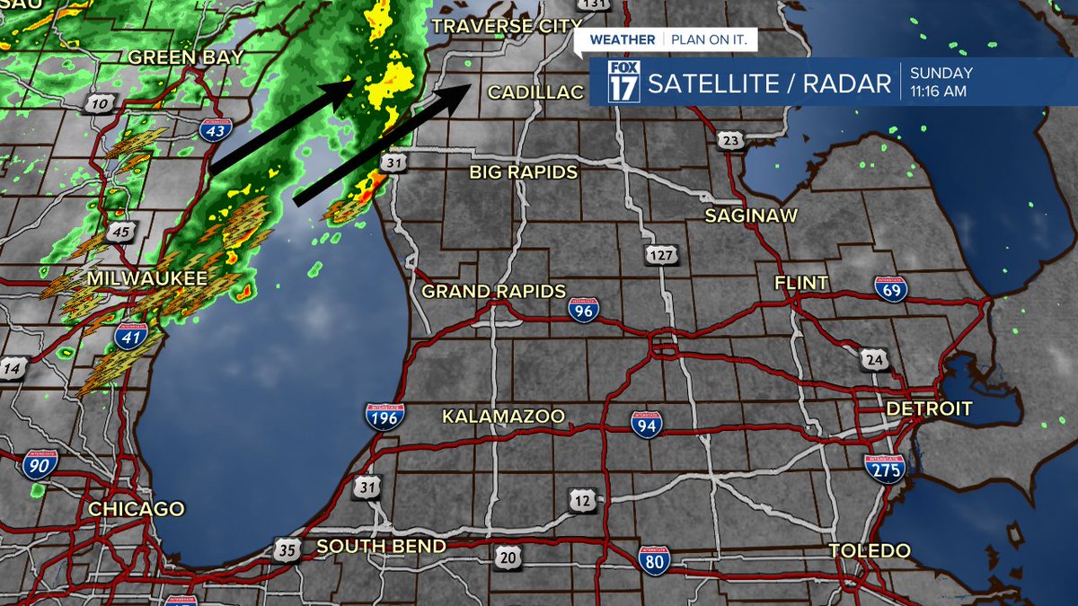 (11:15 a.m. Sunday) Showers and thunderstorms are developing over Lake Michigan this morning, traveling towards the northeast. 

Need a LIVE look at the radar? Click here: fox17online.com/weather/intera…