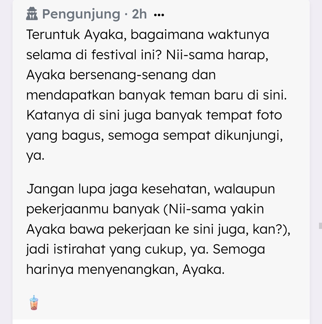 VIPRaiden's tweet image. ㅤ
Yoimiya yang selalu ceria baknya kembang api, Collei teman yang sangat baik, teman pertama... (maaf tidak tau ini untuk siapa), Dottore si dokter yang juga public enemy /j, Nona Kamisato Ayaka adik yang manis dan Tuan Kamisato Ayato sang komisioner yang sibuk.
ㅤ