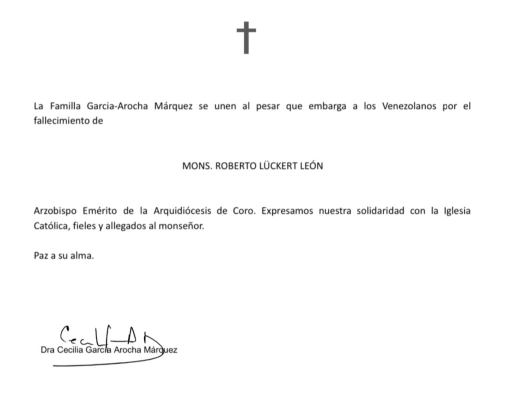 GarciaArochaC's tweet photo. La Familla Garcia-Arocha Márquez se unen al pesar que embarga a los Venezolanos por el fallecimiento de: 

MONS. ROBERTO LÜCKERT LEÓN

Arzobispo Emérito de la Arquidiócesis de Coro. Expresamos nuestra solidaridad con la Iglesia Católica y allegados al monseñor.

Paz a su alma. https://t.co/oFiFClkV8q