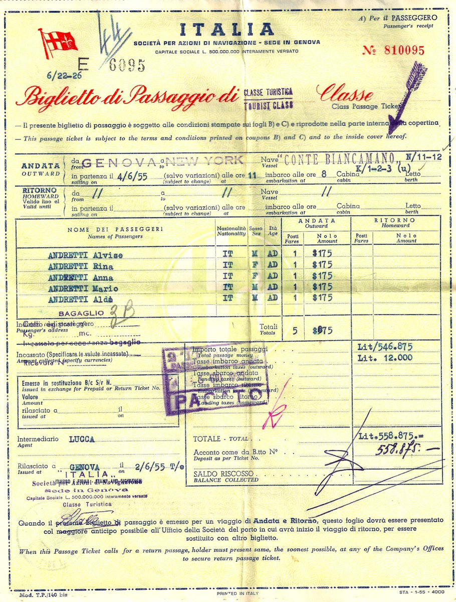 Just before dawn 69 years ago today on June 16, 1955 our ship sailed past the Statue of Liberty into the New York Harbor and we began our life in America.  It was an 11-day trip on the Italian ocean liner Conte Biancamano.  Here's a picture of the ship and the receipt for the 5