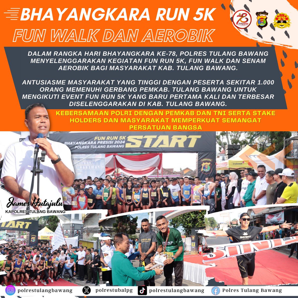 polrestubalpg's tweet photo. FUN RUN 5K
FUN WALK DAN AEROBIK
Dalam rangka Hari Bhayangkara ke-78
#kapolrestulangbawang #akbpjames #tulangbawang #poldalampung #PolriPresisi #polisiindonesia #polrestulangbawang #bhayangkararun #funrun #bhayangkararuntulangbawang #funrun5k https://t.co/0uUUSF2gYf