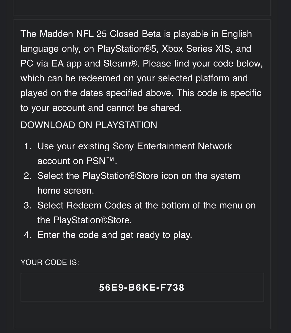 code toke on X: &ldquo;If anyone wants my madden 25 beta ps5. Here you 
