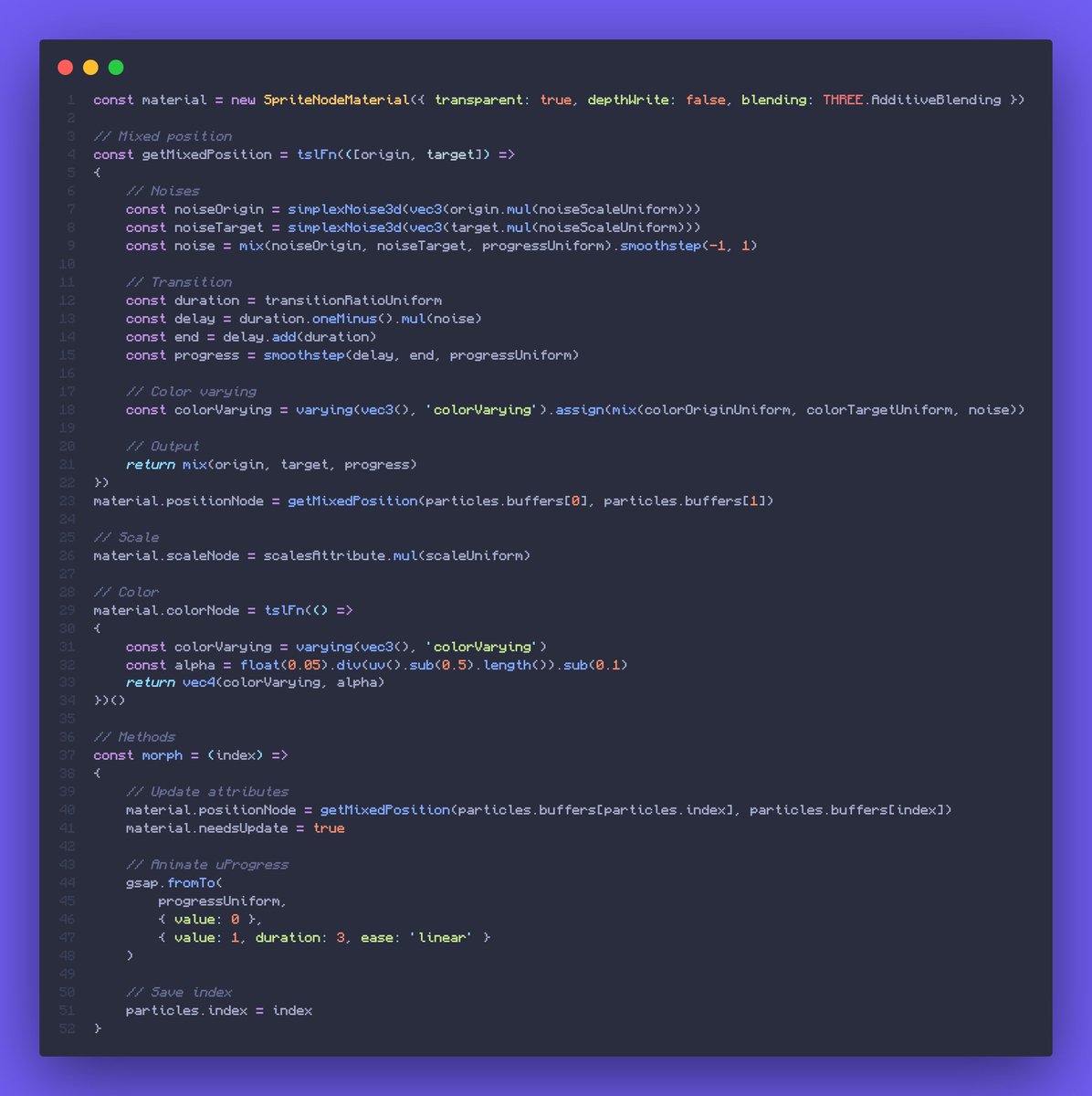 bruno_simon's tweet image. Learning TSL:
That's probably not the way to toggle between storages and that's probably not how to use varying, but hey… it works.
Here's the particles morphing exercise in TSL