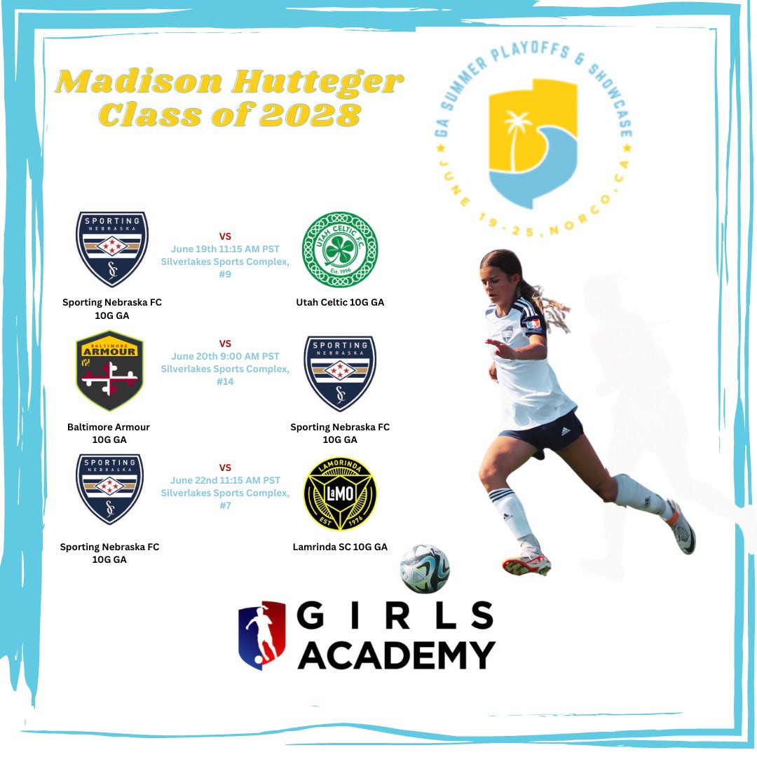 Excited for playoffs in Cali! Looking forward to great competition. <a href="/GAcademyLeague/">Girls Academy</a> <a href="/SNFCGirlsGA/">SportingNEGirlsGA</a> <a href="/SNFC10G/">Sporting Nebraska FC 2010 GA</a>