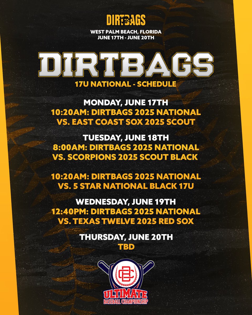 TOMORROW 🌴⚾️ Dirtbags 17U National starts their games tomorrow in the 2024 17U Ultimate Baseball Championship in West Palm Beach, Florida #BagsUp ☠️