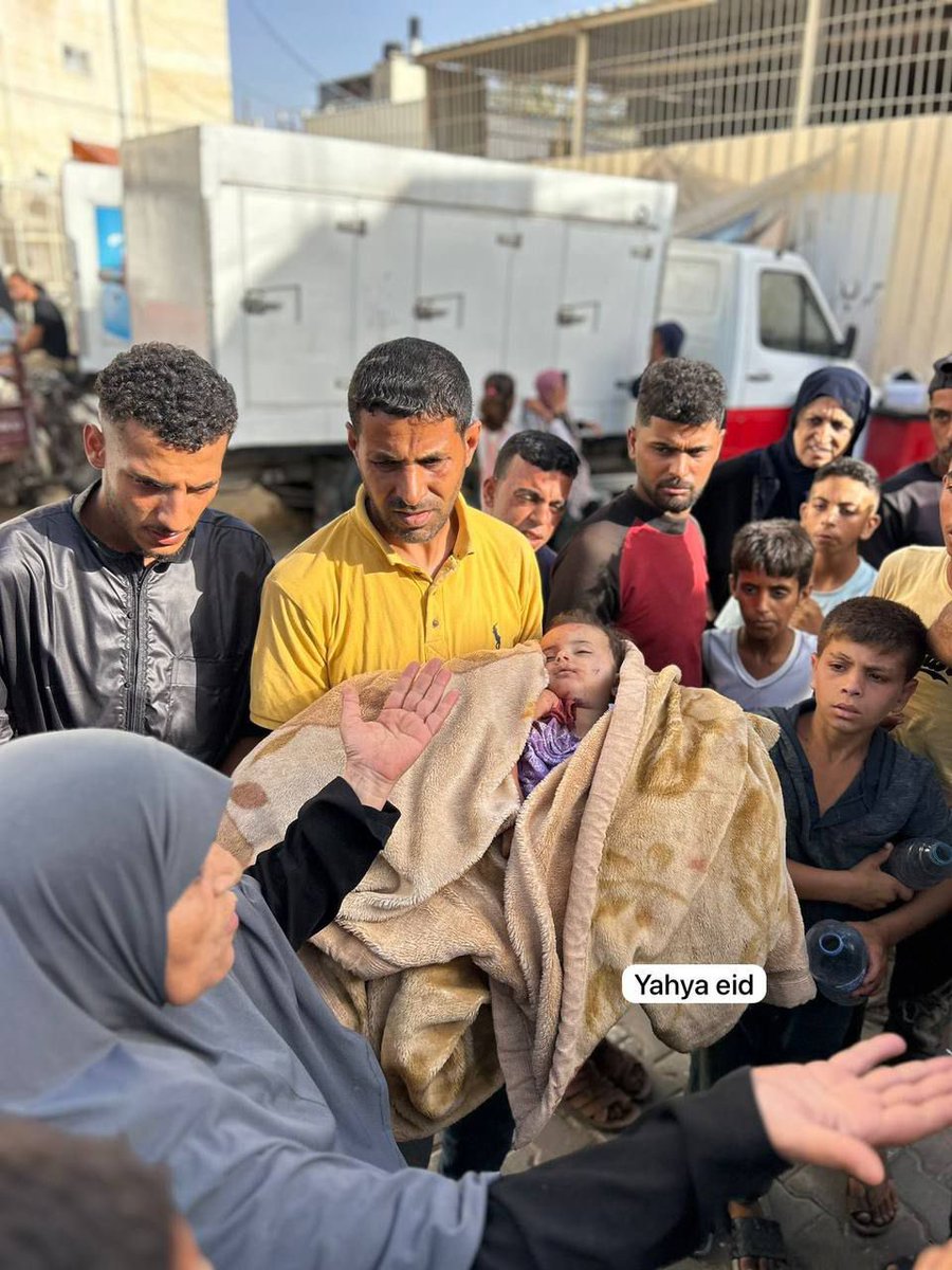 RamAbdu's tweet photo. Since early morning, Israeli planes have been attacking Palestinian civilians celebrating Eid al-Adha. Last hour, Israel bombed two houses in a Bureij refugee camp, killing dozens of children, women, and civilians. 
An earlier announcement of a safe passage for trucks into Gaza was later revoked by the Israeli government.