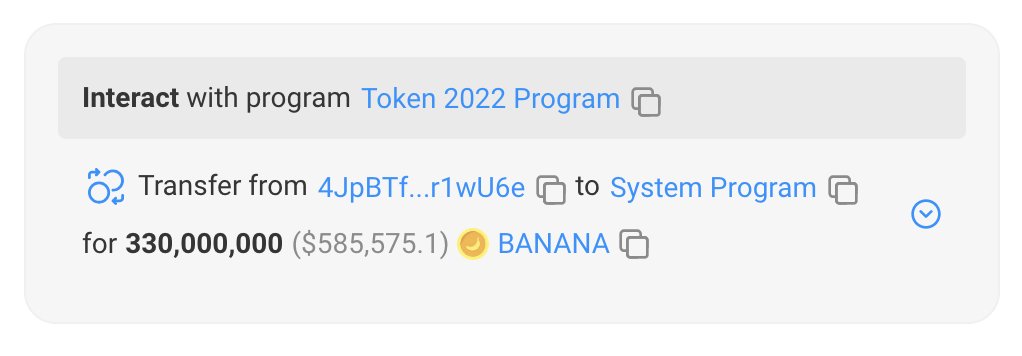 feedurmonkey's tweet image. 33% of the total $BANANA supply, which was previously unallocated, has now been sent to a dead address, effectively burning almost $600k worth of $BANANA tokens.

solscan.io/tx/2DMau76EmR8…